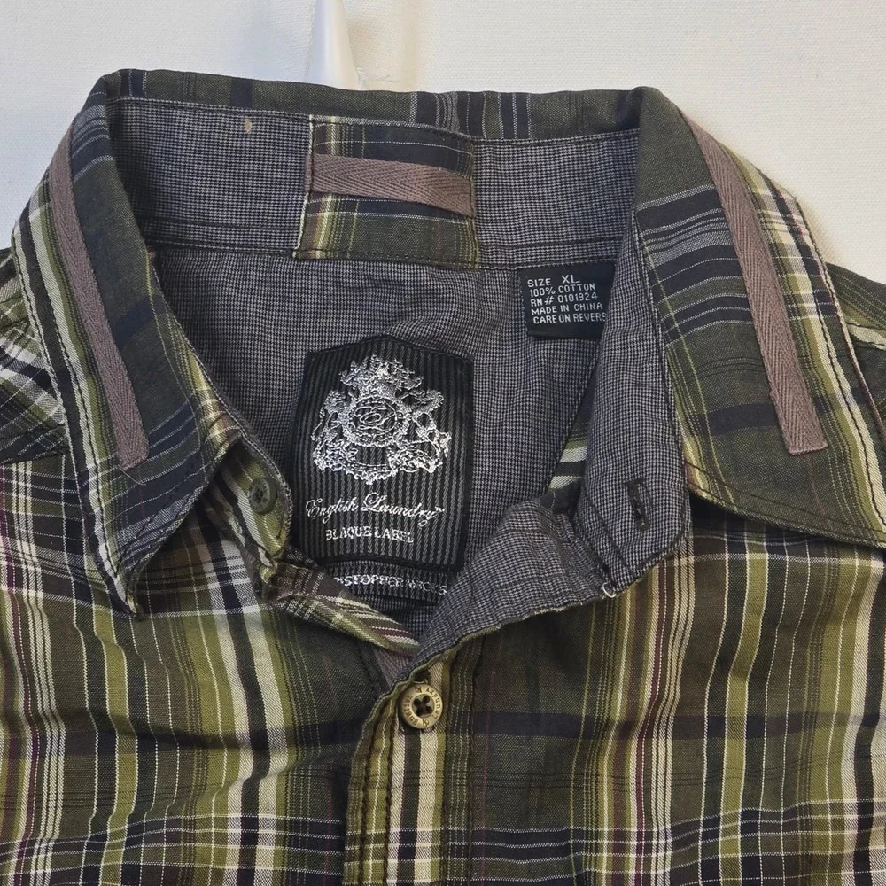 English Laundry Blaque Label Mens XL Plaid Button Down Shirt Olive Green Cotton